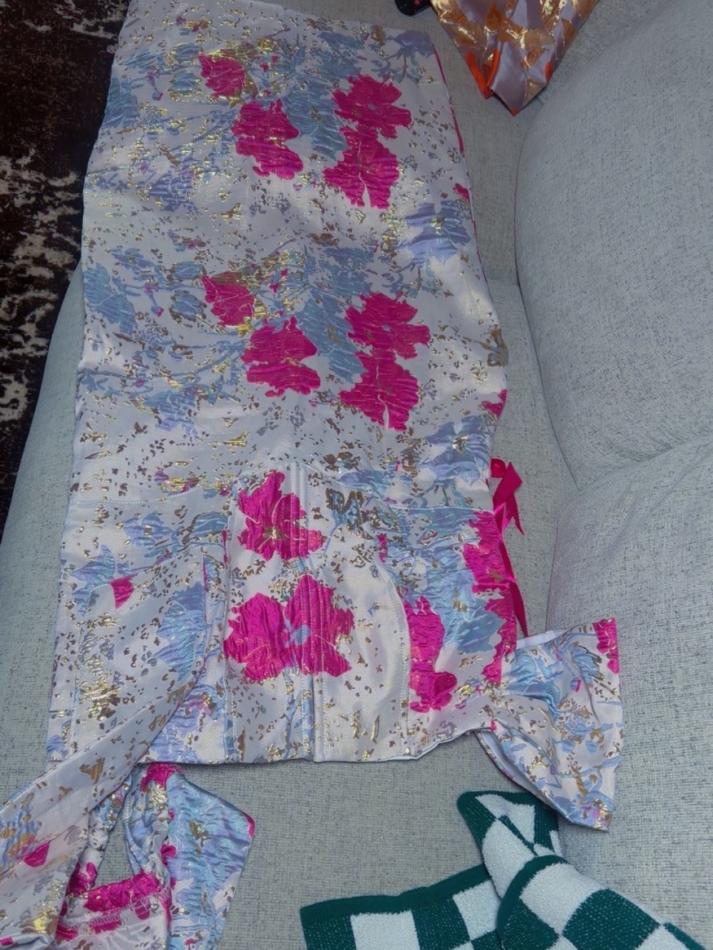 Floral Satin Scarf with Fuchsia & Light Blue Accents